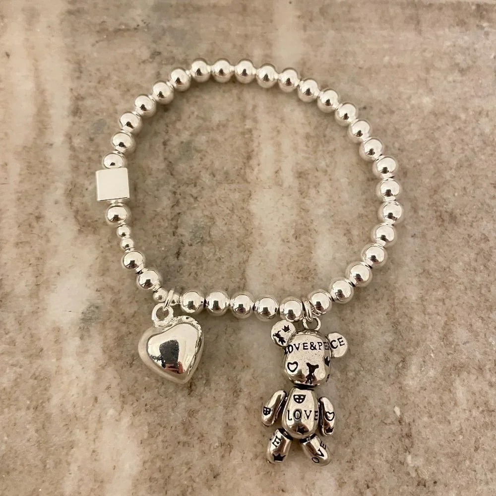 925 Sterling Silver Teddy Bear & Heart Charm Bracelet Dainty Bead Charm Bracelet - Picture 4 of 6